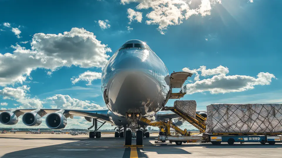 Avión carguero con la puerta de carga abierta y paletas en la plataforma