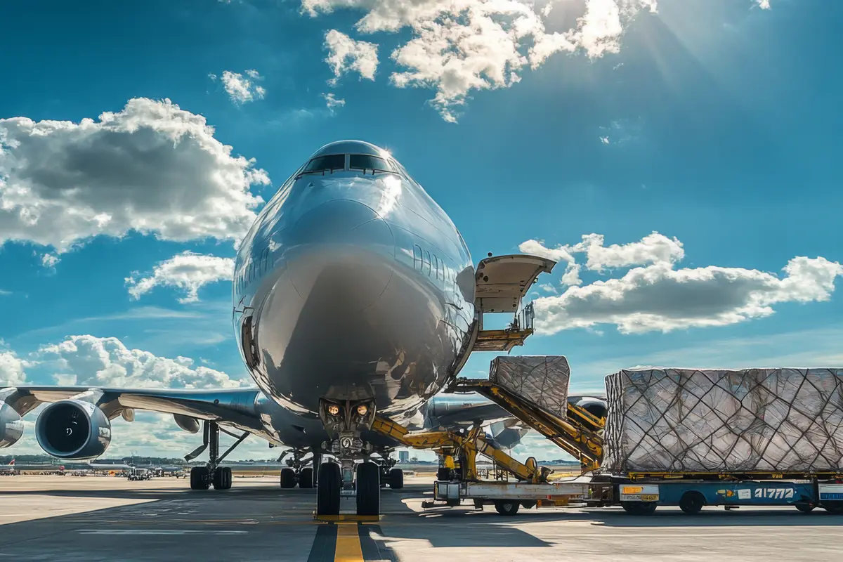 Avión carguero con la puerta de nariz abierta y paletas listas para cargar